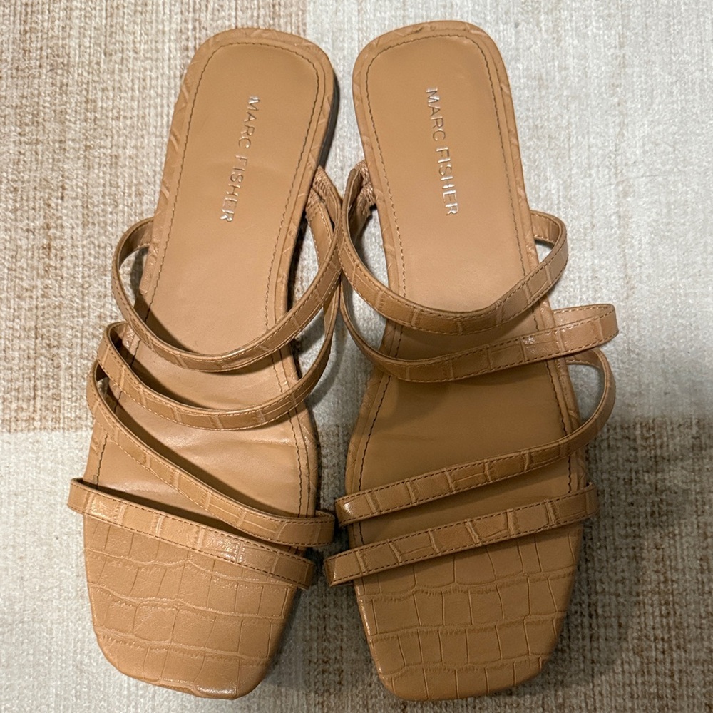 Marc Fisher Croc-Embossed Multi-Strap Slide Sandals in Tan